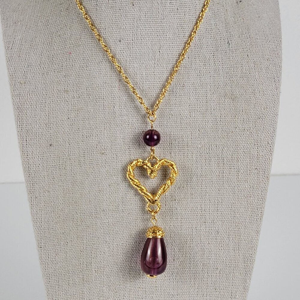 Vintage Avon Gold-Tone Purple Faux Gemstone Heart Pendant Necklace 30 In
